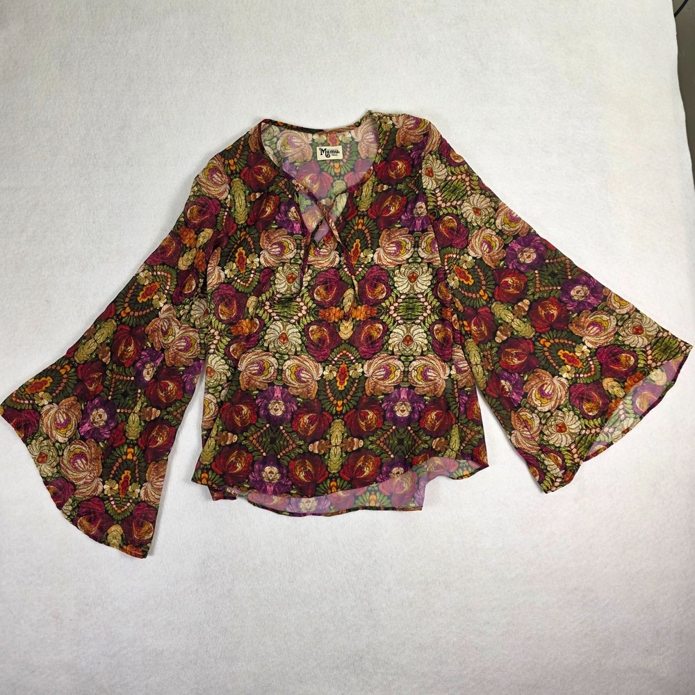 Show Me Your Mumu Blouse Small Boho Bell Sleeve Sheer Floral Kaleidoscope Top